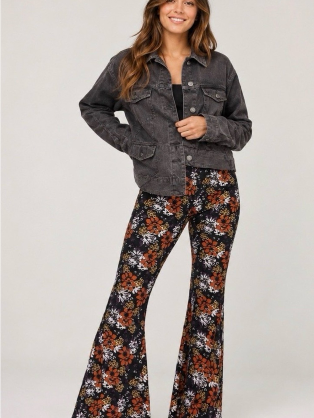 Free People Black Floral Boot-Cut Flare Pants